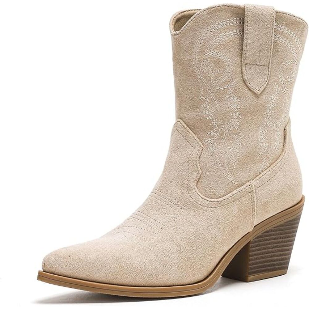Women's Beige Western Booties with Pointed Toe Stylish Short Booties Block Heel
